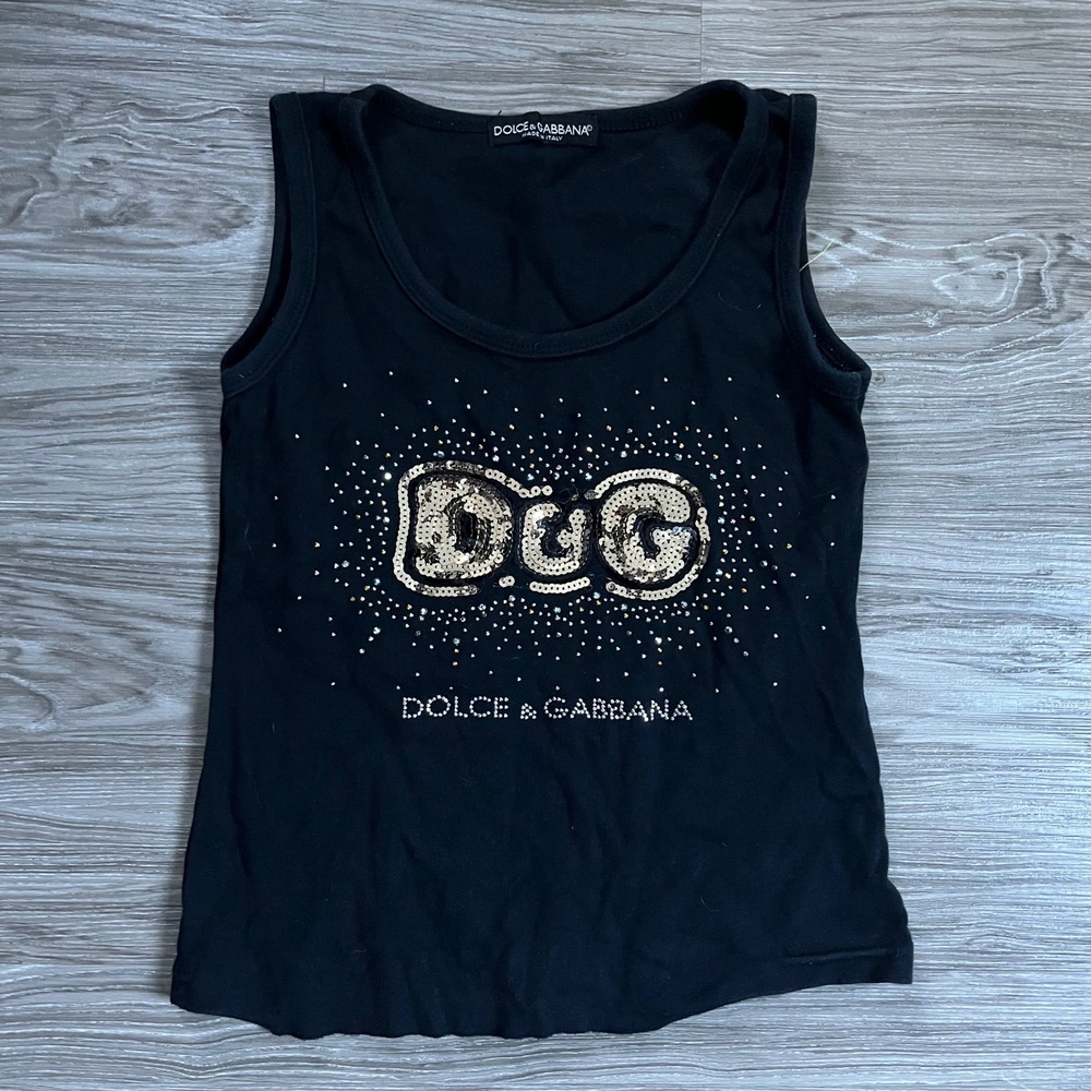 Dolce & Gabbana Black Sequin D&G Logo Rhinestone Tank Top Made in Italy